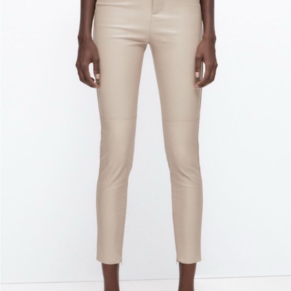 ZAra leather imitation Tan Ankle Cropped Pants Sleek zip up Minimalist Style
